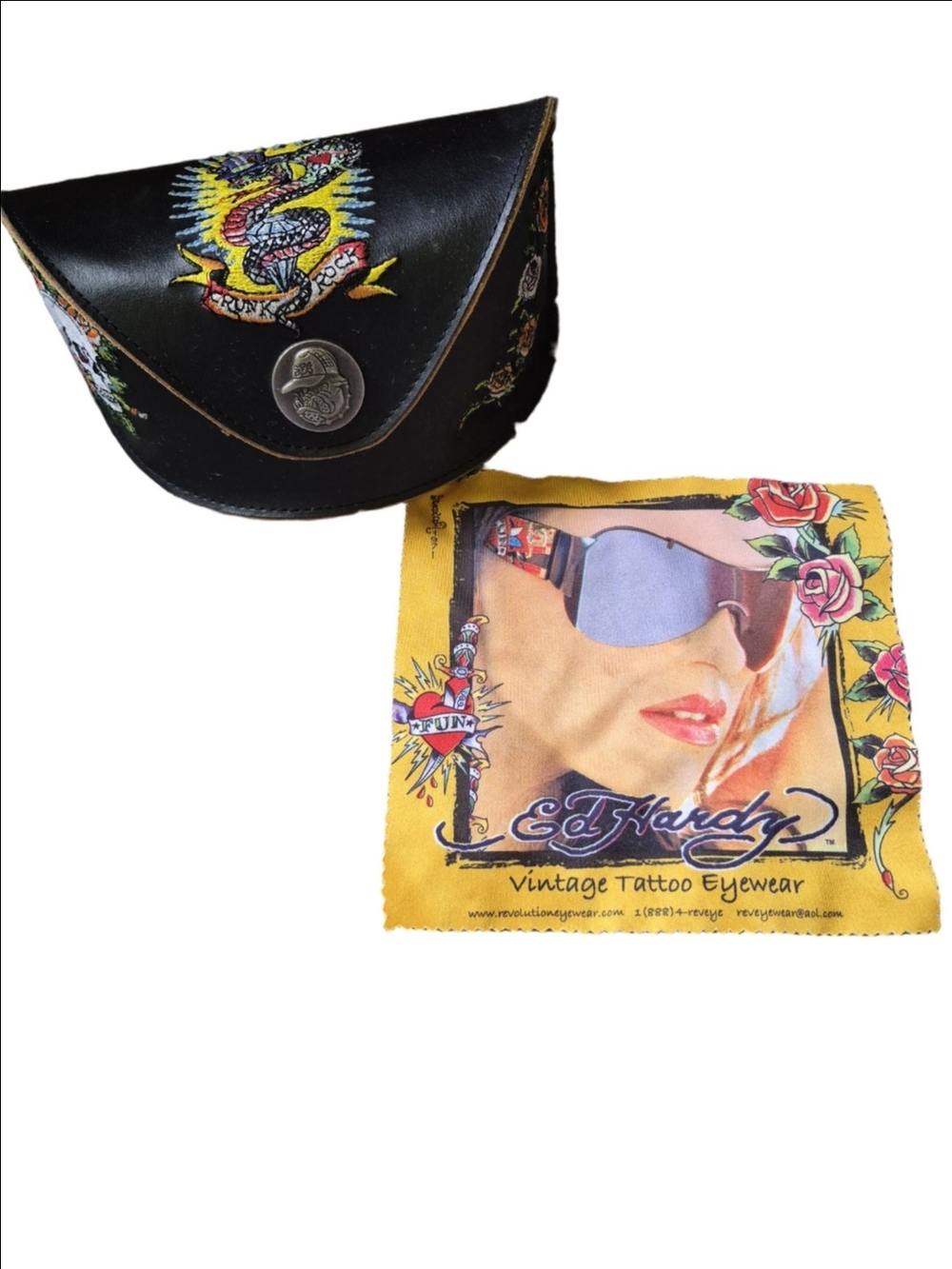 Ed Hardy Black Leather Sunglasses Pouch with Yellow Tattoo-Print Cleaning Cloth